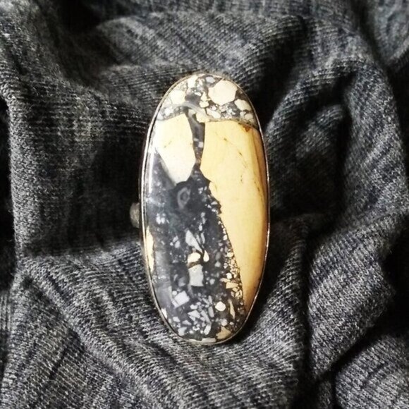 HUGE! Minimalist Maligano Jasper Ring 925 Sz 9.25! Sandy Beige Gray Color Scheme - Picture 8 of 12
